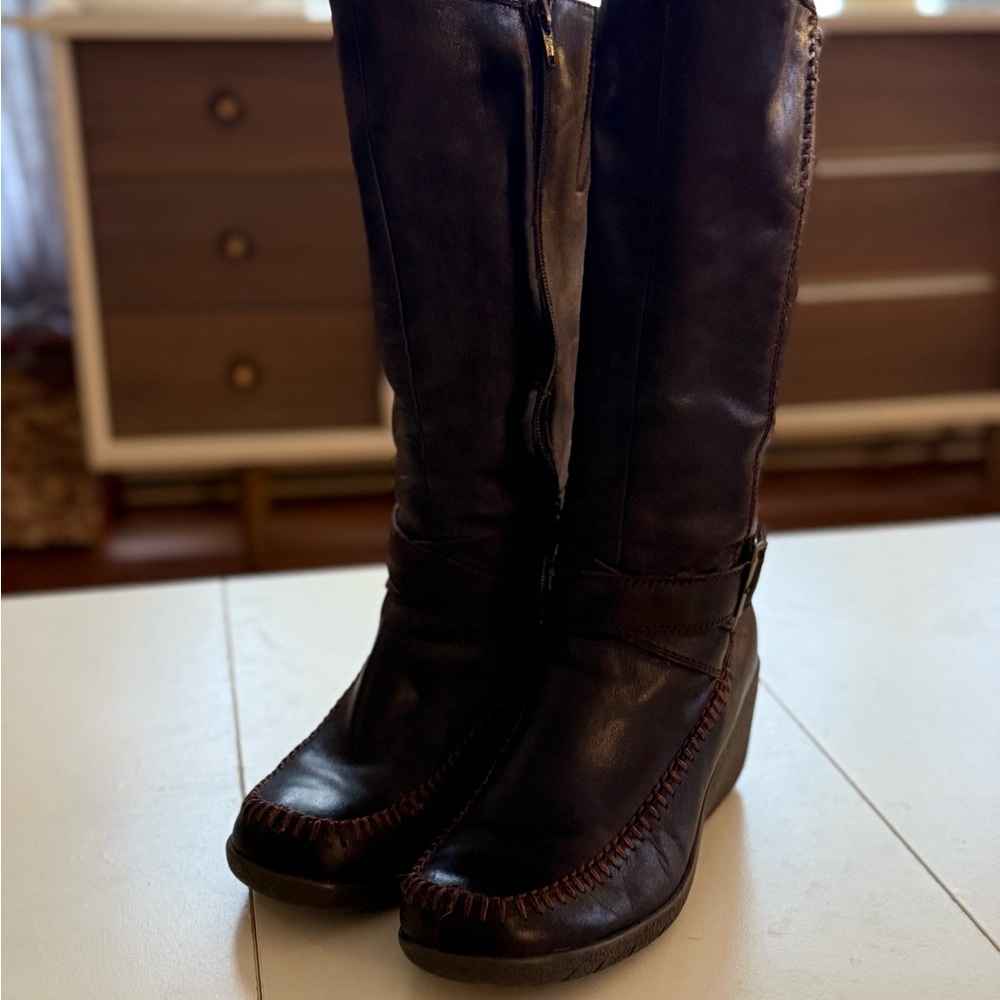 Chocolate Brown Wedge Boots Thick Stitching Y2K Folkcore Cottagecore Boho Artsy - Picture 3 of 7